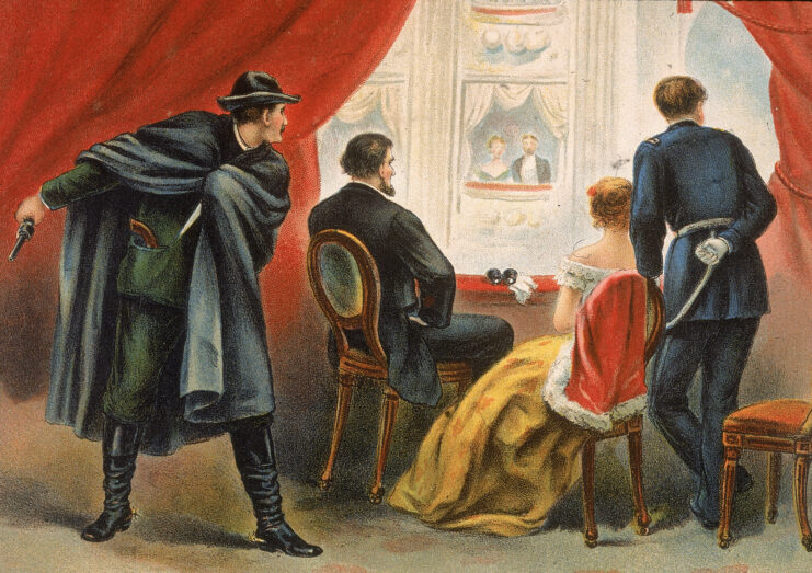 Illustration of John Wilkes Boothe sneaking up behind Abraham and Mary Todd Lincoln