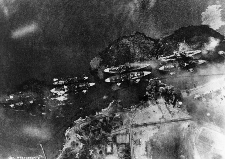 Aerial view of the vessels moored at Battleship Row at Pearl Harbor, Hawaii