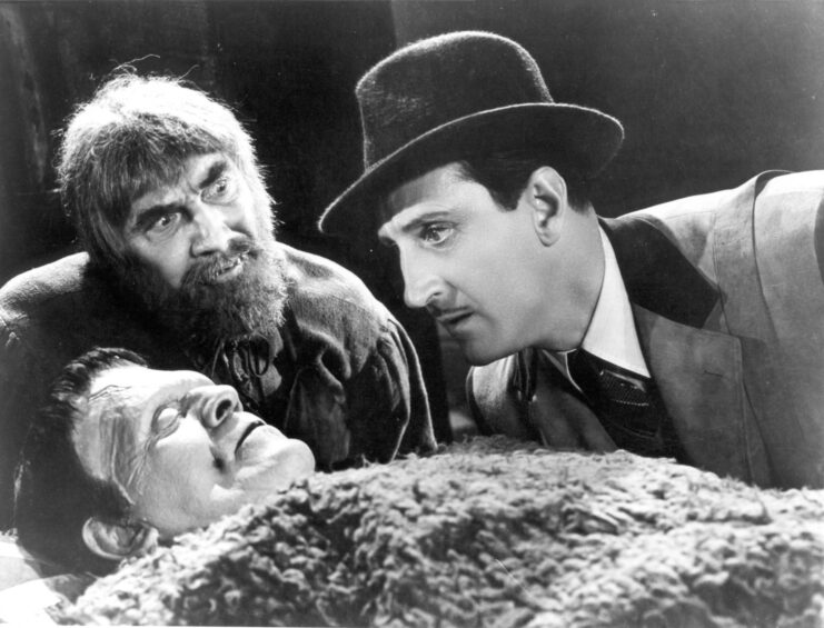 Bela Lugosi, Boris Karloff and Basil Rathbone as Ygor, The Monster and Baron Wolf von Frankenstein in 'Son of Frankenstein'