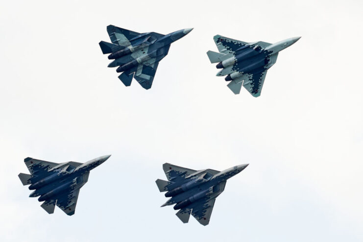 Four Sukhoi-Su 57s in flight