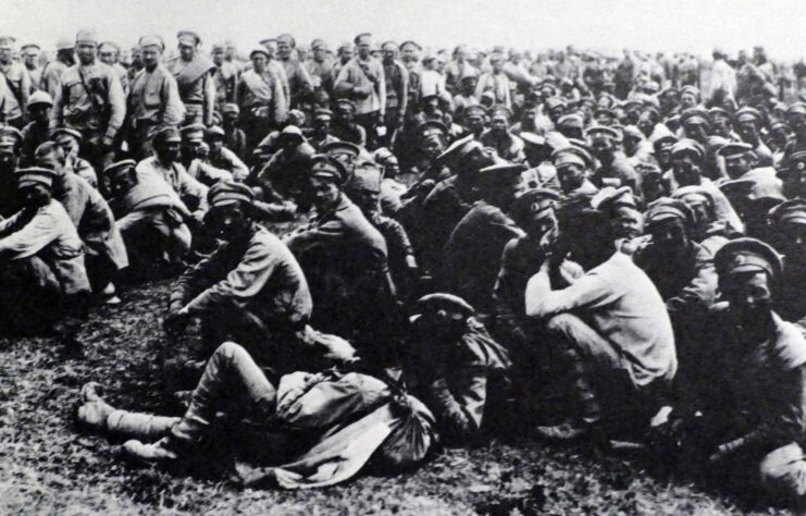 Russian prisoners of war (POWs) sitting together