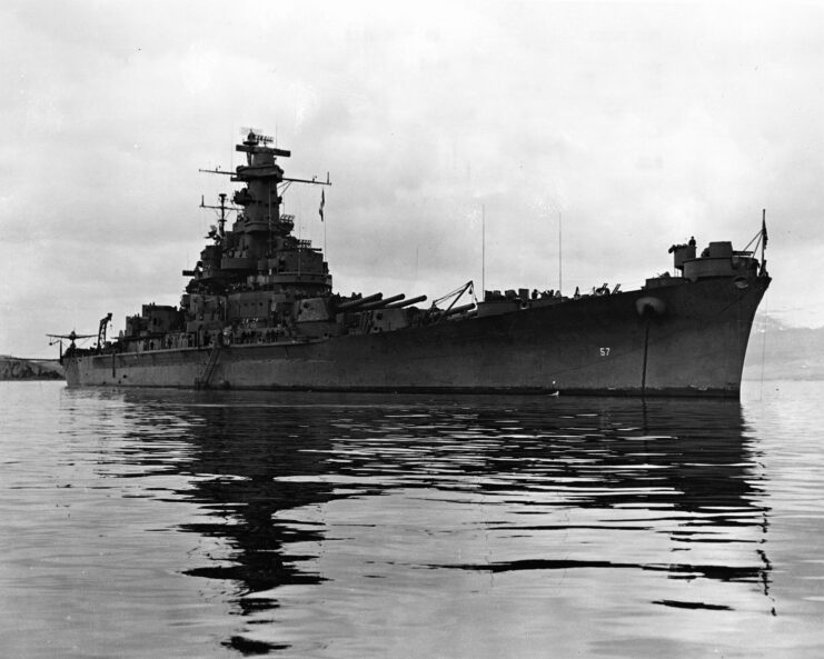 USS South Dakota (BB-57) anchored at sea