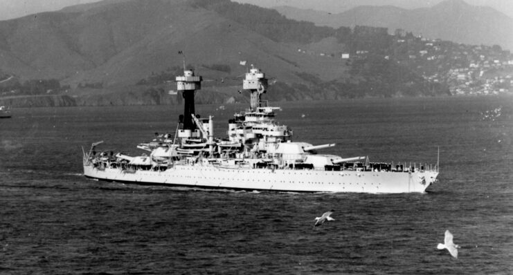 USS West Virginia (BB-48) leaving port