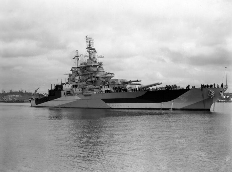 USS West Virginia (BB-48) anchored off the coast of Puget Sound, Washington