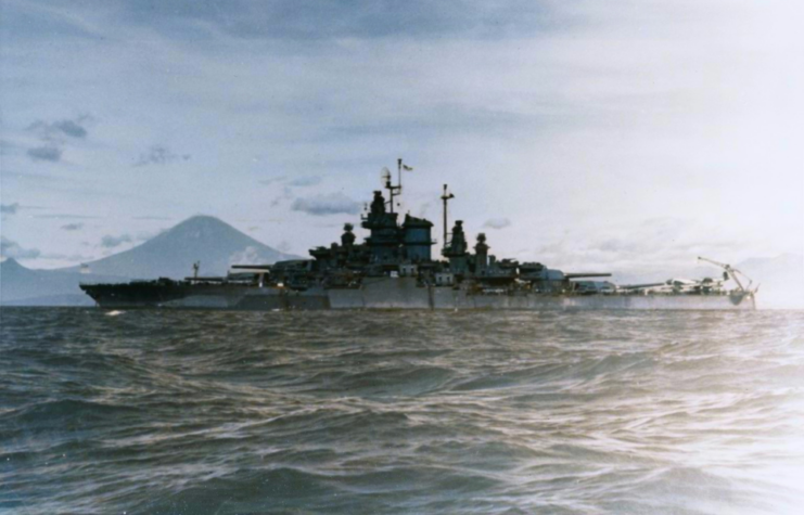 USS West Virginia (BB-48) anchored at Sagami Wan, Japan