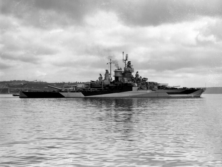 USS West Virginia (BB-48) transiting along the coast of Puget Sound, Washington