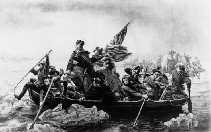 Black and white artist's depiction of Washington crossing the Delaware. 