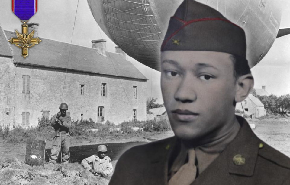 African-American soldiers mooring a barrage balloon near a building + Military portrait of Waverly Woodson + Distinguished Service Cross