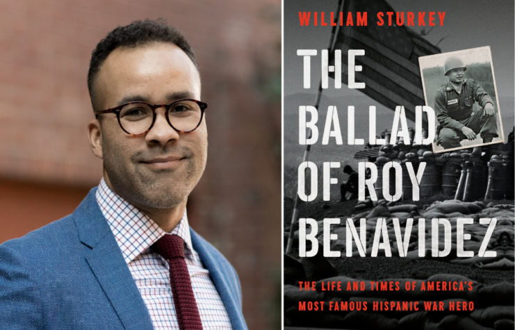 Portrait of William Sturkey + Book cover for "The Ballad of Roy Benavidez: The Life and Times of America's Most Famous Hispanic War Hero"