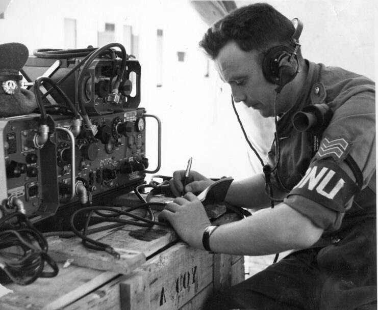 Radio operator with the Irish Army's A Company, 35th Battalion manning a radio