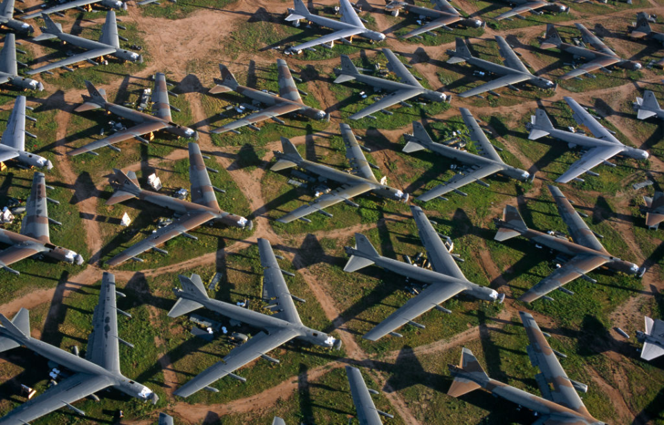 Aerial view of Boeing B-52 Stratofortresses parked in a field
