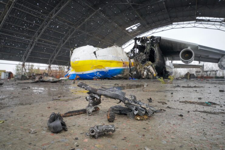 Wreck of the Antonov An-225 Mriya in an aircraft hangar