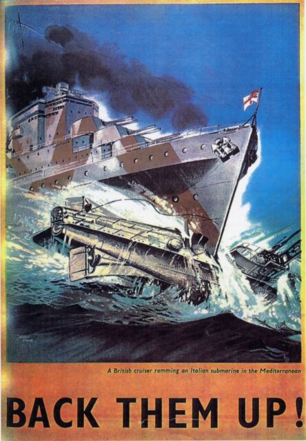 World War II-era propaganda poster featuring an illustration of the HMS Hermione (74) ramming into Tembien at sea, with the text "A BRITISH CRUISER RAMMING AN ITALIAN SUBMARINE IN THE MEDITERRANEAN / BACK THEM UP!"