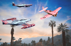 Palm trees in the California desert + Two Northrop F-89D Scorpions in flight + Grumman F6F-5K Hellcat in flight