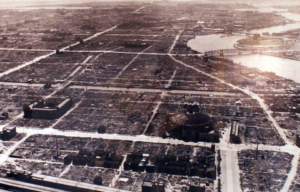 Aerial view of Tokyo, Japan, following the firebombing of the city
