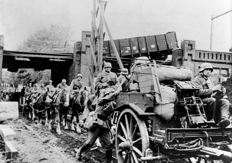 German soldiers moving down a railway track