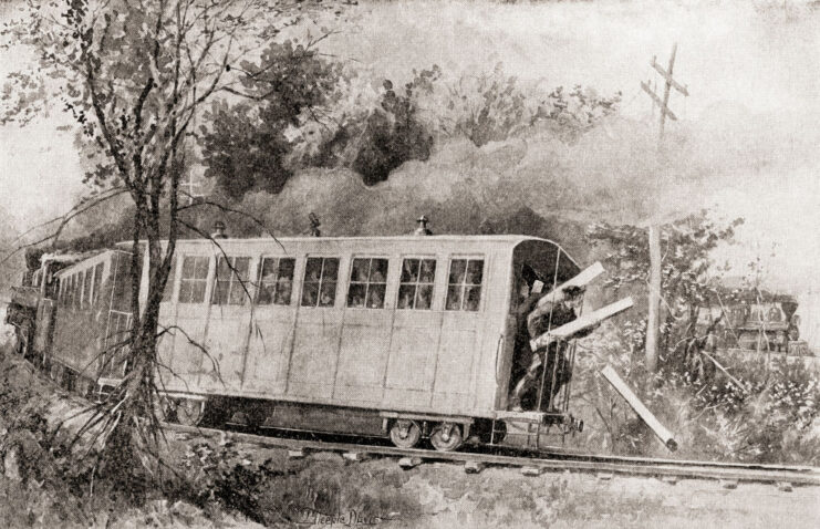 Drawing of a train car half-tipped off of a railway track