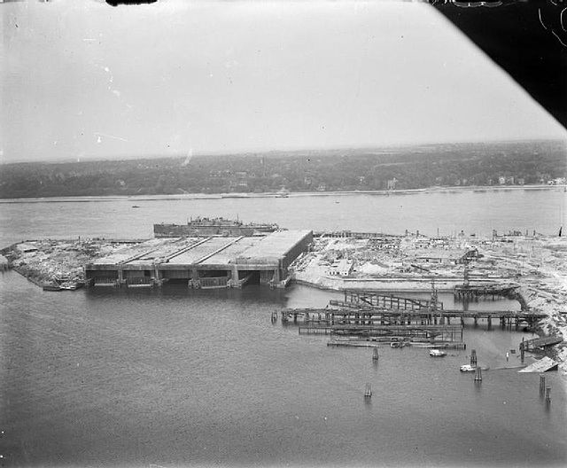 Aerial view of a concrete U-boat pen in Hamburg