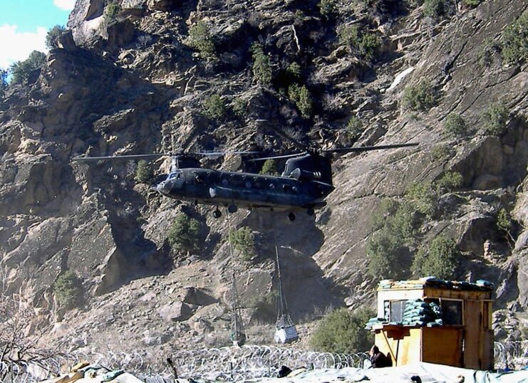 Chinook helicopter landing above Combat Outpost Keating, Nuristan, Afghanistan.