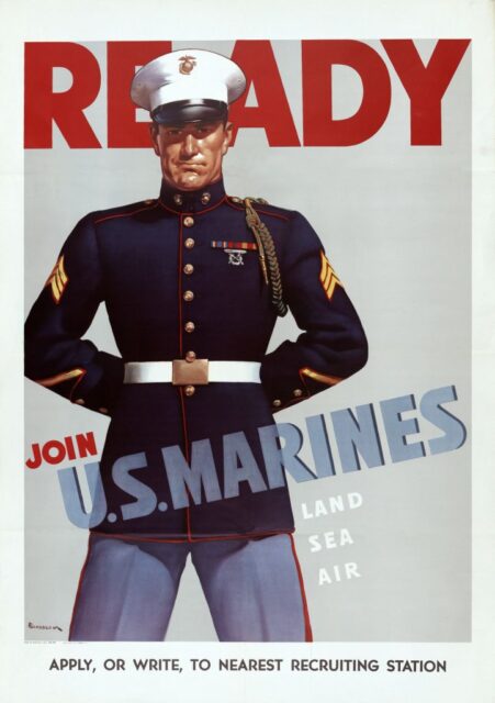 Recruitment poster for the US Marines, with an illustration of a male Marine and the text, "READY / JOIN U.S. MARINES / LAND SEA AIR / APPLY, OR WRITE, TO NEAREST RECRUITING STATION"