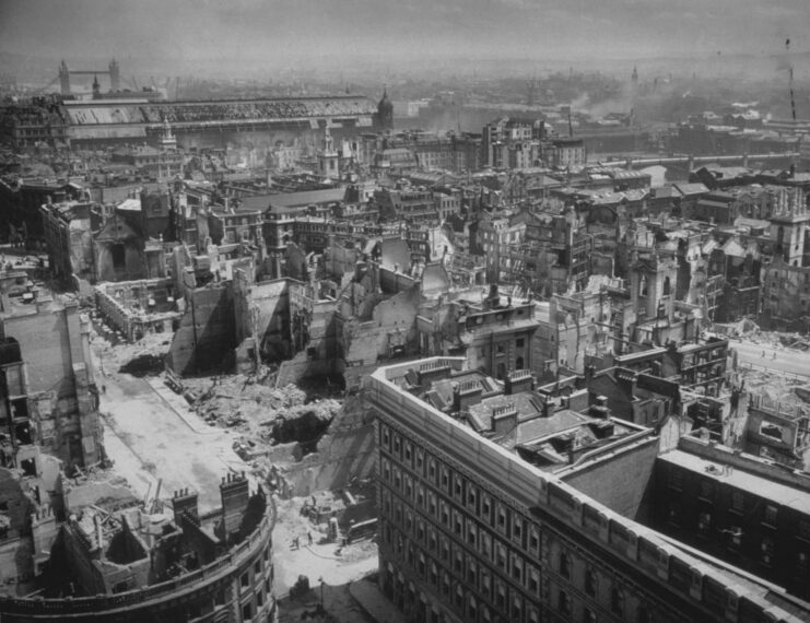 Aerial view of the remains of buildings in London, United Kingdom