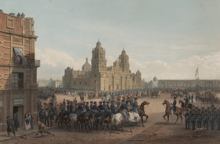 Color lithograph of General Winfield Scott leading his forces into Mexico City by Carl Nebel. 