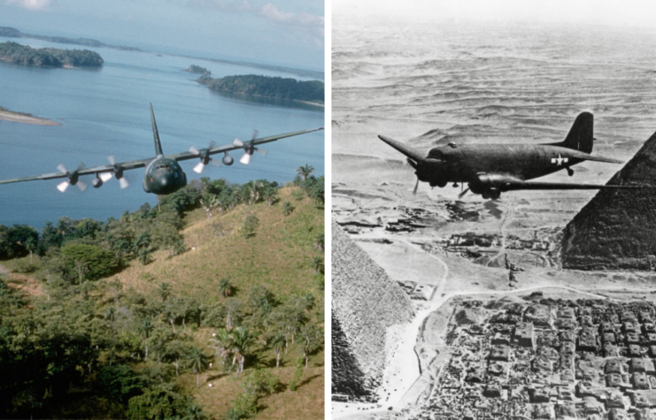 Lockheed C-130E Hercules in flight + Douglas C-47 Skytrain in flight