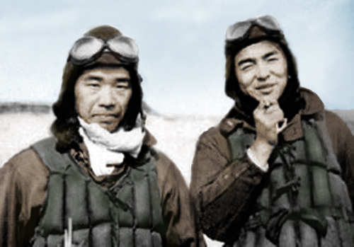 Left, Saburo Sakai. Right, Hiroyoshi Nishizawa, in pilot uniforms. 