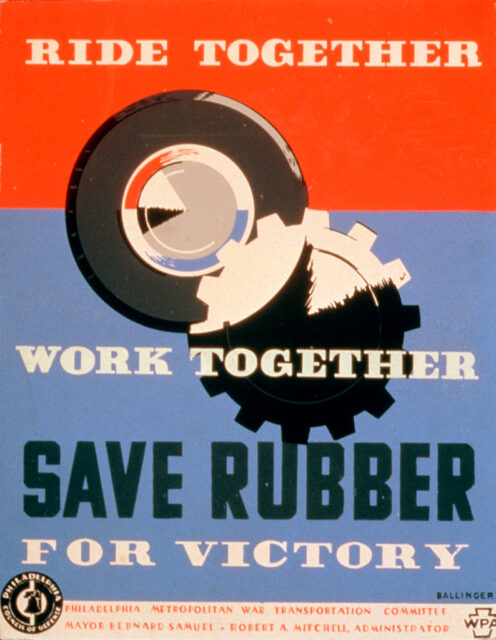 Poster featuring illustrations of a tire and a gear, with the text, "RIDE TOGETHER / WORK TOGETHER / SAVE RUBBER FOR VICTORY"