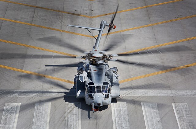 Sikorsky CH-53K King Stallion landing on a helicopter pad