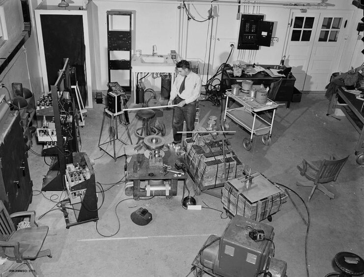 Overhead view of a working area within a building