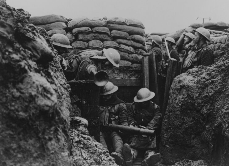 Lancashire Fusiliers sitting in a trench.