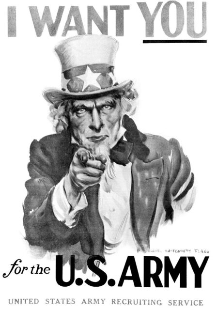 Poster featuring an illustration of Uncle Sam and the text, "I WANT YOU for the U.S. ARMY / UNITED STATES ARMY RECRUITING SERVICE"