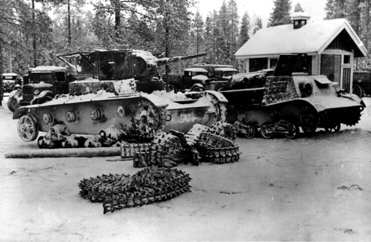 Russian tanks captured by the Finns in snow. 