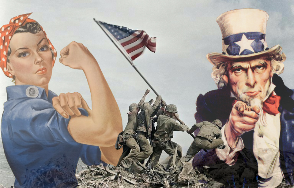 US Marines raising the American flag on Iwo Jima + Illustration of Rosie the Riveter + Illustration of Uncle Sam