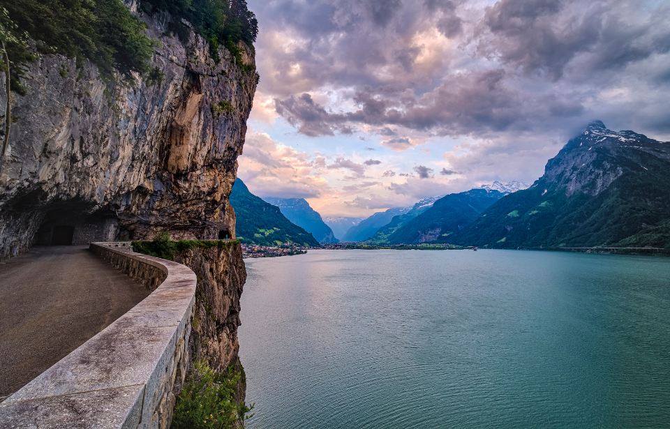 View of a Swiss lake from a mountainside road