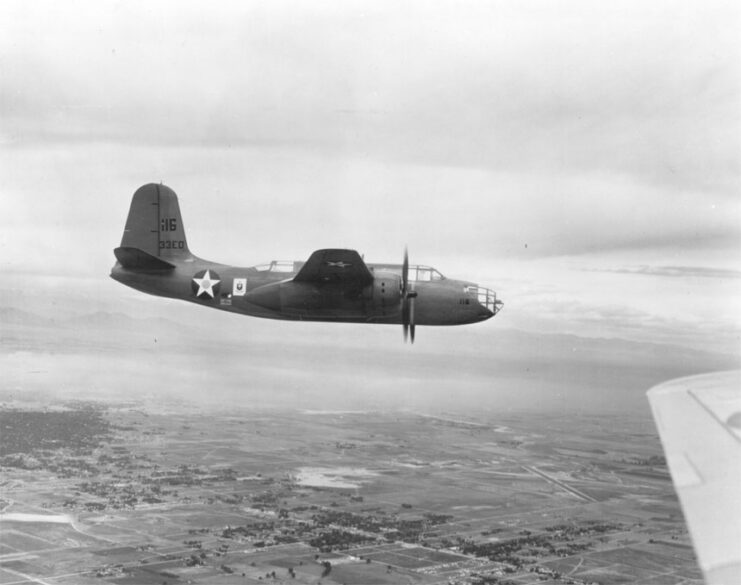 Black and white. Douglas A-20 "Havoc" in flight. 