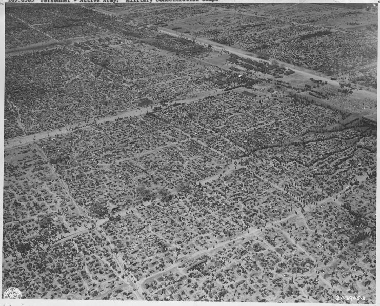 Aerial view of US-run German POW camp. 