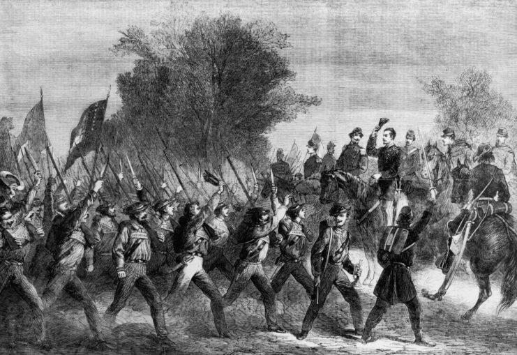 Illustration of Confederate troops marching together