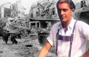 Red Army soldiers crouching behind rubble in Berlin, Germany + Portrait of Emanuel von König