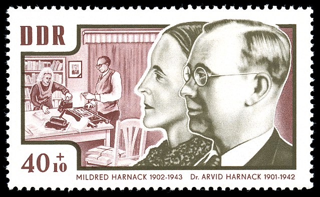 Stamp featuring portraits of Arvid and Mildred Fish-Harnack