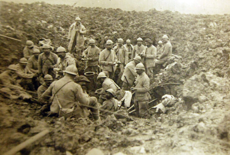 French troops standing in crater on the Chemin des Dames.