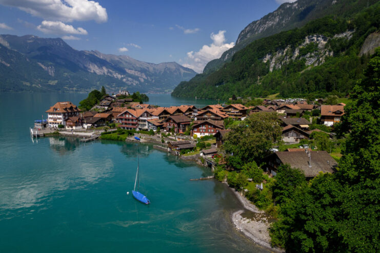 View of Iseltwald, Switzerland, along the shore of Lake Brienz