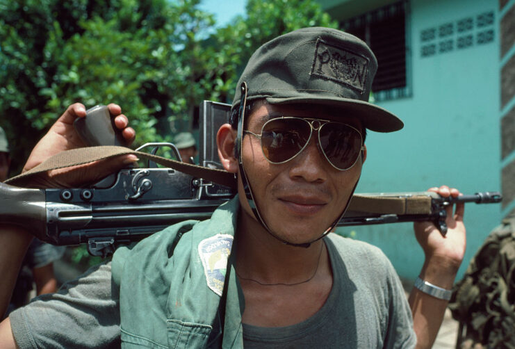 Ejercito Revolucionario del Pueblo (ERP) guerrilla resting a Heckler & Koch G3 on his shoulders