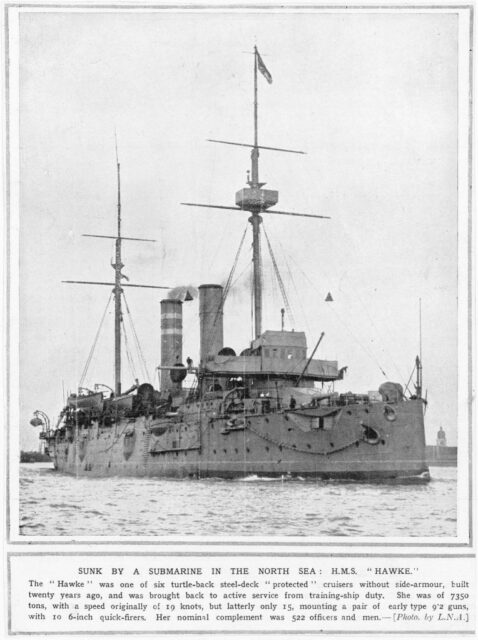 Newspaper clipping featuring an image of the HMS Hawke (1891)