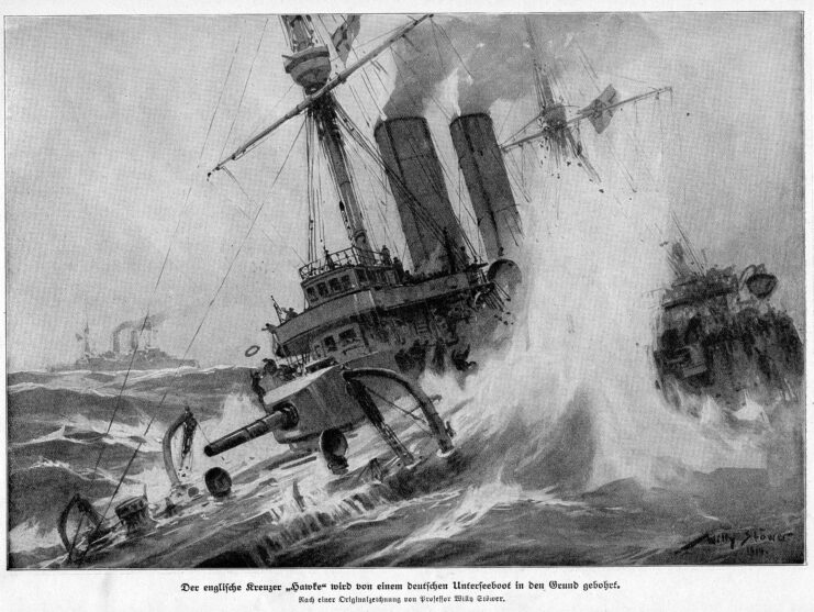 Painting depicting the sinking of the HMS Hawke (1891)