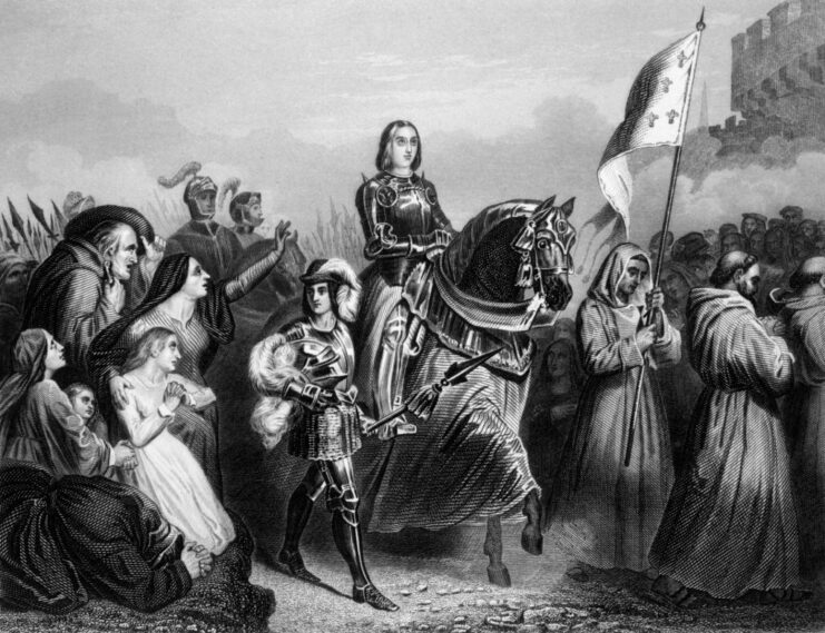 Illustration of a crowd standing around Joan of Arc, who is on horseback