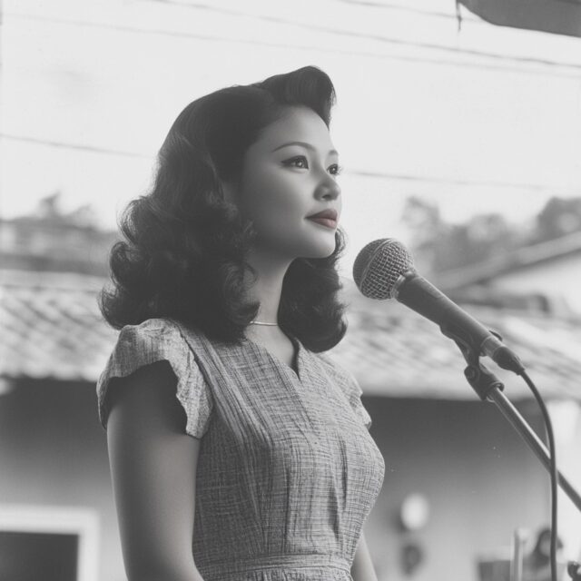 AI rendering of Josefina Guerrero standing at a microphone