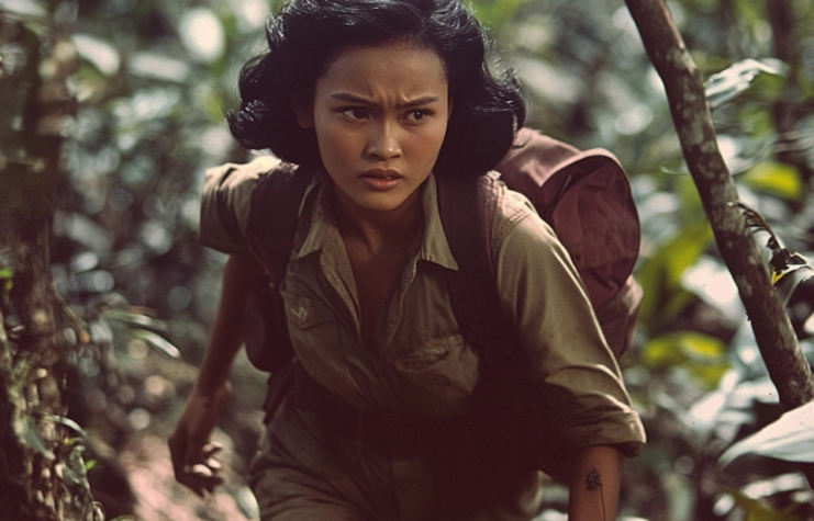 AI rendering of Josefina Guerrero walking through the Philippine jungle