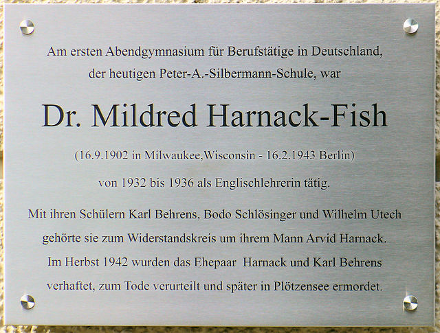 Close-up of a memorial plaque for Mildred Fish-Harnack